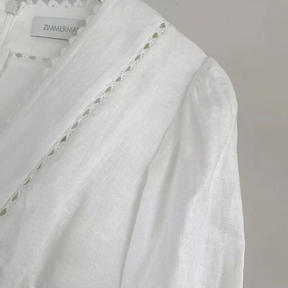 Romantic White Lace Dress: V - Neck, Puff Sleeves & Tiered Skirt - Picture 5 of 8